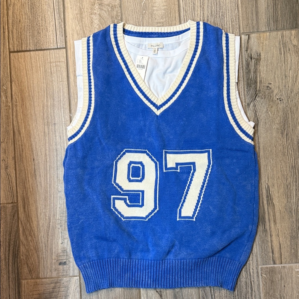 Pilcro Anthropologie Sporty Sleeveless Twofer Sweater Vest Blue Medium NWT - Picture 4 of 13